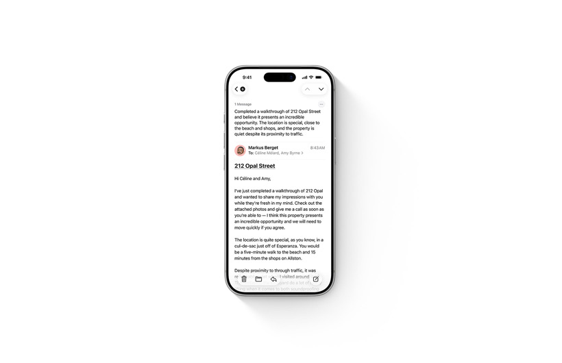 Tre iPhone-enheter som visar Apple Intelligence: sammanfattning av röstmeddelanden, lagra och sammanfatta anteckningar och samtal, sammanfatta e-post