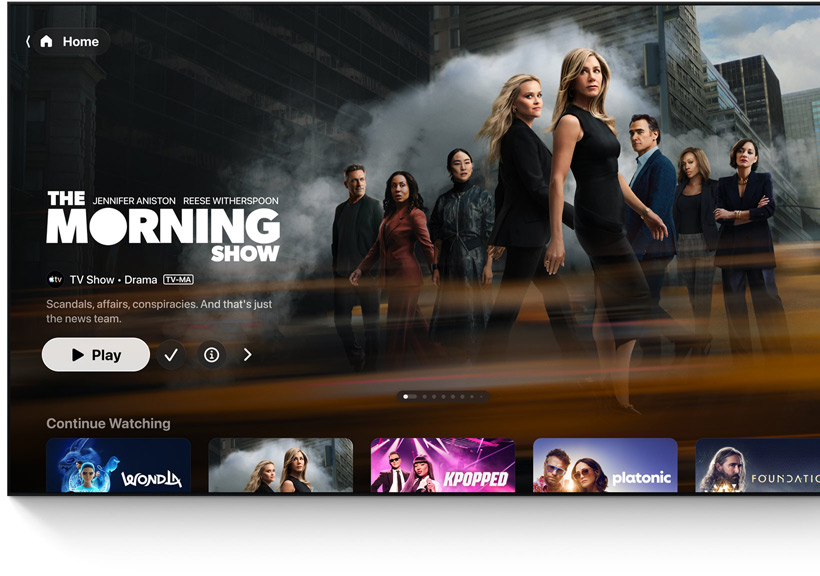En tv som visar gränssnittet på Apple TV-appens hemskärm