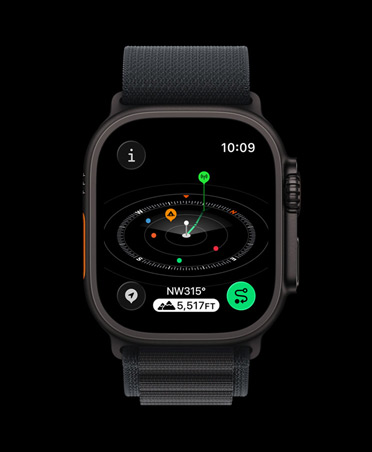 Apple Watch Ultra 3, boett i svart titan, appen Kompass, markerade hållpunkter, armband, svart bergsloop
