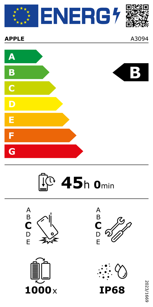 QR-kod för energimärkning och information (EU), Apple-modell A3094, klass B, klasser för energieffektivitet (skala från A till G), A (mest effektiv) till G (minst effektiv), batteritid per laddningscykel, 45 timmar och 0 minuter vid full laddning, tillförlitlighet vid upprepat fritt fall: klass C, A (mest robust) till E (minst robust), reparerbarhet: klass C, A (mest reparerbar) till E (minst reparerbar), batteriets livslängd i antal cykler: 1000, IP68-klassad damm- och vattentålighet, förordning 2023/1669.