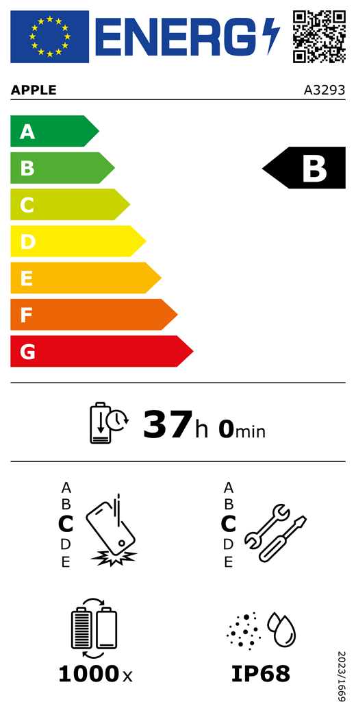 QR-kod för energimärkning och information (EU), Apple-modell A3293, klass B, klasser för energieffektivitet (skala från A till G), A (mest effektiv) till G (minst effektiv), batteritid per laddningscykel, 37 timmar och 0 minuter vid full laddning, tillförlitlighet vid upprepat fritt fall: klass C, A (mest robust) till E (minst robust), reparerbarhet: klass C, A (mest reparerbar) till E (minst reparerbar), batteriets livslängd i antal cykler: 1000, IP68-klassad damm- och vattentålighet, förordning 2023/1669.