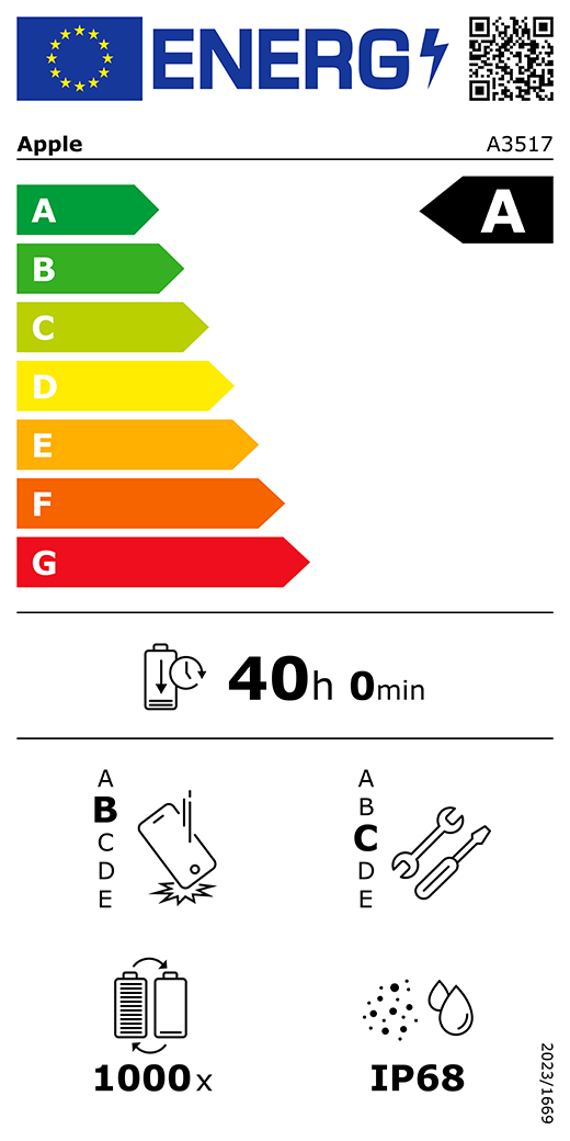QR-kod för energimärkning och information (EU), Apple-modell A3517, klass A, klasser för energieffektivitet (skala från A till G), A (mest effektiv) till G (minst effektiv), batteritid per laddningscykel, 40 timmar och 0 minuter vid full laddning, tillförlitlighet vid upprepat fritt fall: klass B, A (mest robust) till E (minst robust), reparerbarhet: klass C, A (mest reparerbar) till E (minst reparerbar), batteriets livslängd i antal cykler: 1000, IP68-klassad damm- och vattentålighet, förordning 2023/1669.