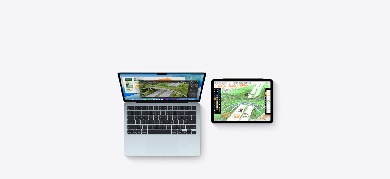 Mac och iPad, skärmarna visar universitetskursarbeten i olika appar