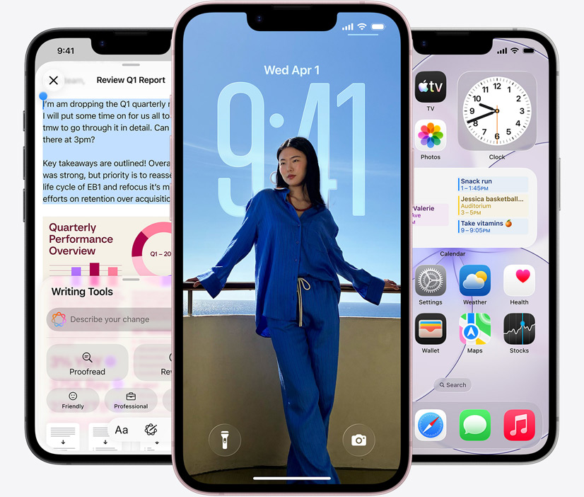 Tre iPhone 17e-enheter, sedda framifrån, en skärmavbild som visar Skrivverktyg som används, bild av en person på låsskärmen och meddelanden som skickas via satellit i appen Meddelanden