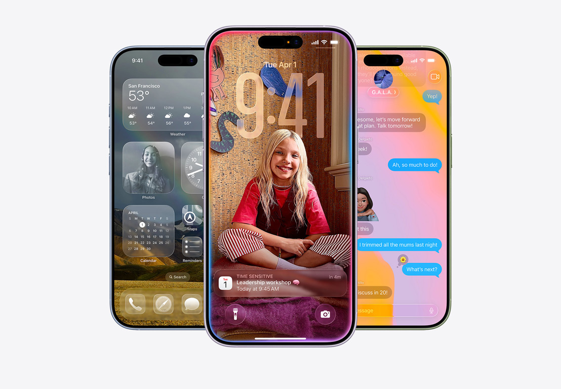 iPhone 17-enheter, sedda framifrån, finishar: disblå, lavendel, salvia, iOS 26-funktioner: hemskärm med olika appar, popupnotis från Kalender på anpassad låsskärm, iPhone-skärm som visar Meddelanden med design i Liquid Glass