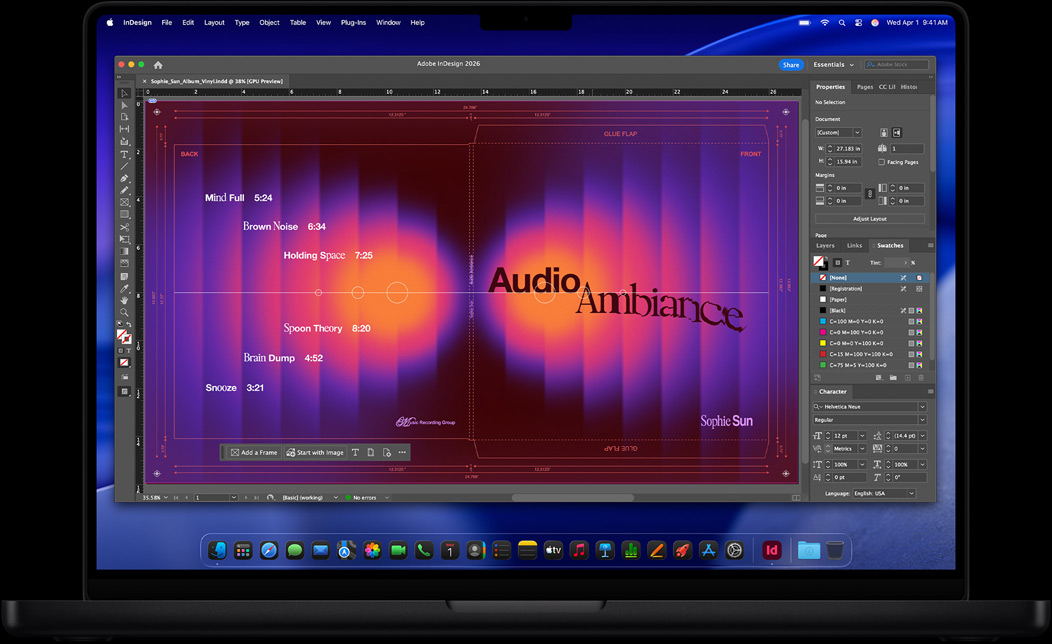 MacBook Pro-skärm med Adobe InDesign som används för att skapa ett skivomslag
