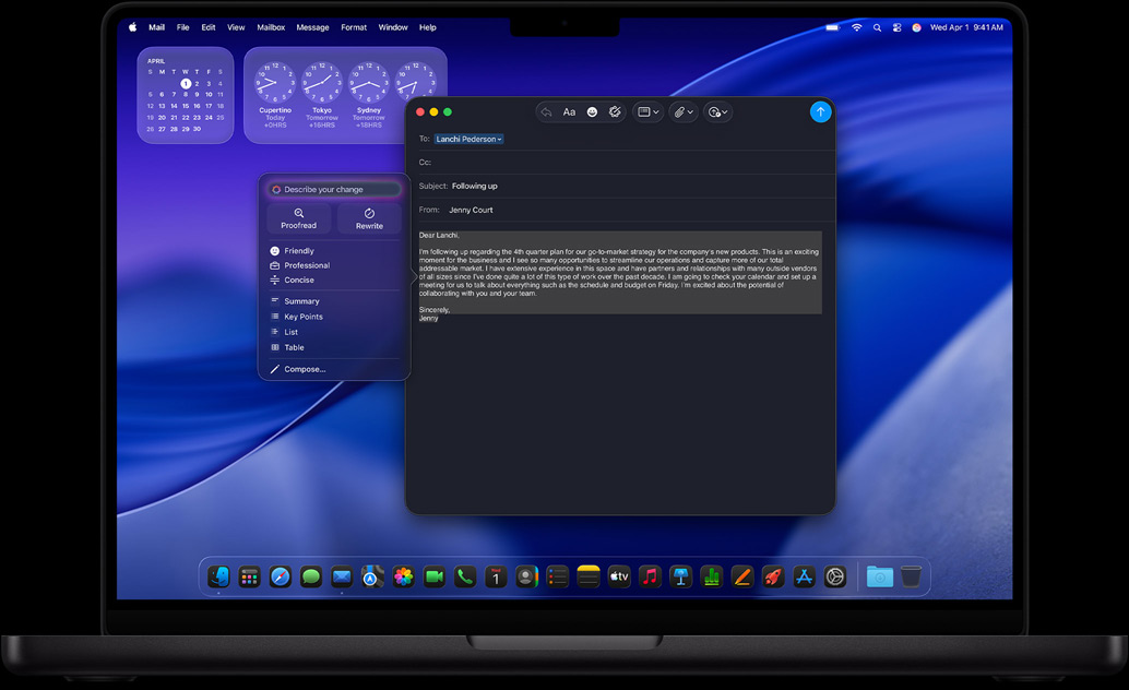 Apple Intelligence-funktionen Skrivverktyg används för att skriva ett mejl
