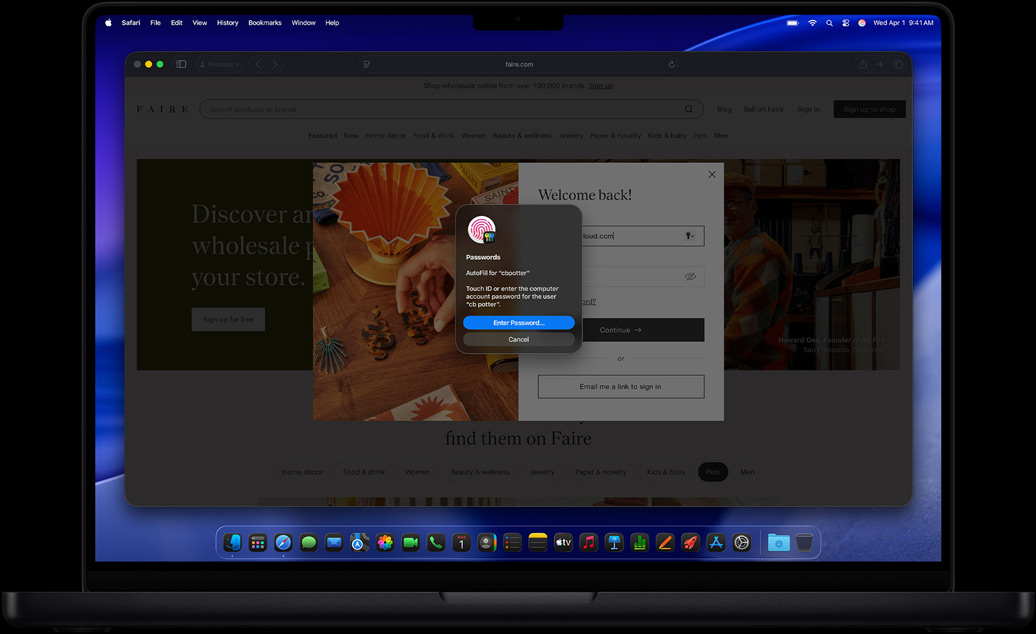 MacBook Pro i färgen rymdsvart, Safari och appen Lösenord med en uppmaning om att logga in på en webbplats med Touch ID