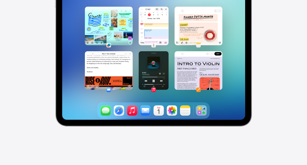 iPad i liggande läge med sex öppna fönster på två rader, bland andra apparna Kalender, Anteckningar, Apple Music och Safari