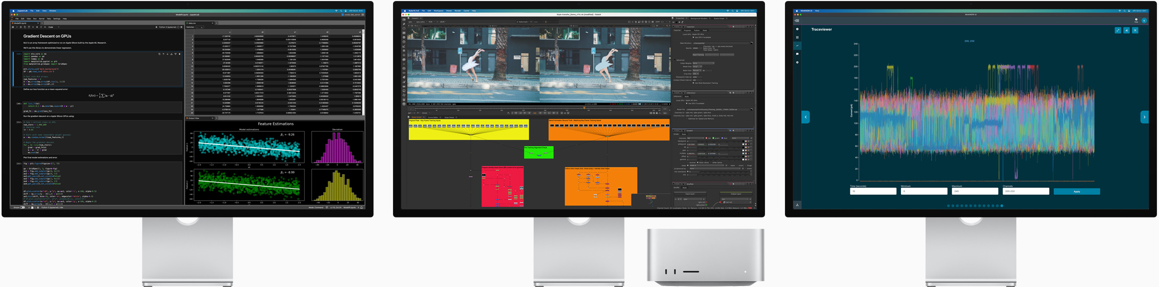 Mac Studioと3台のStudio Display。それぞれのスクリーンに異なるmacOSアプリが表示されている