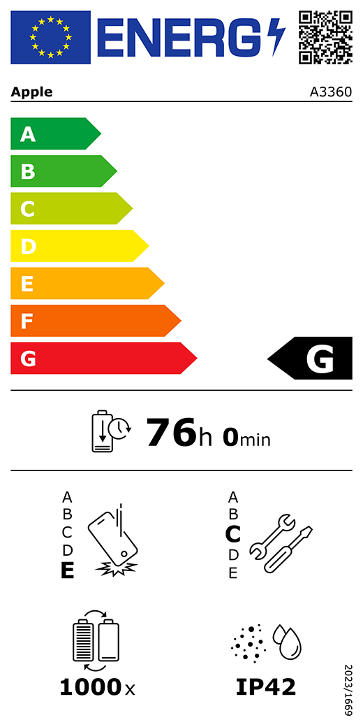 ES energomarķējuma QR kods un informācija, Apple modelis A3360, G klase, energoefektivitātes klases (sistēmā no A līdz G), no A (visefektīvākā) līdz G (visneefektīvākā), akumulatora izturība vienā ciklā, 76 stundas un 0 minūtes ar pilnībā uzlādētu akumulatoru, vairākkārtējas kritienizturības klase: E, no A (visizturīgākā) līdz E (visneizturīgākā), remontējamības klase: C, no A (visremontējamākā) līdz E (visneremontējamakā), akumulatora cikliskā izturība: 1000, korpusa aizsargātības pret putekļiem un ūdeni pakāpe (IP) IP42, Regula 2023/1669