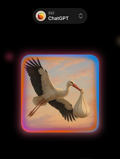 Gagasında bohça taşıyan gerçekçi bir leylek görselinin yer aldığı Image Playground ekranı, ChatGPT’den özel görsel stilleri seçenekleri gösteriliyor