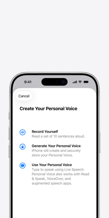 iPhone 17 Pro 螢幕顯示個人聲音功能,當中包含製作個人聲音的指示