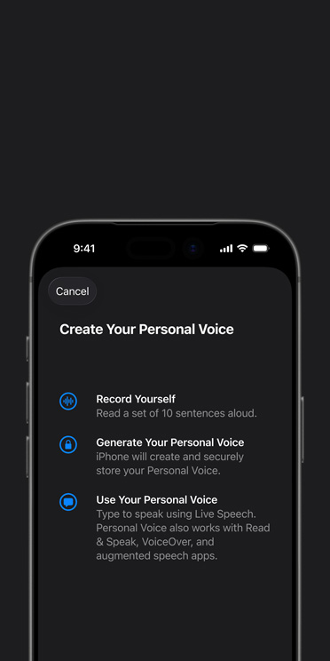 iPhone 17 Pro 螢幕顯示個人聲音功能,當中包含製作個人聲音的指示