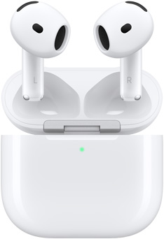 سماعة AirPods&nbsp;4 تحوم فوق علبة الشحن مع غطاء مفتوح.