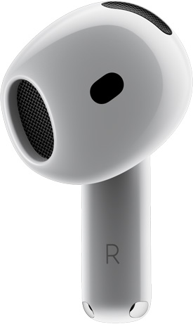 AirPods&nbsp;4 تعرض الجهة الأمامية من سماعة AirPod،‏ مع إشارة إلى عبارة 