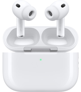 سماعات AirPods&nbsp;Pro&nbsp;3 في علبة شحن مع غطاء مفتوح، الجهة الخارجية الأمامية، لون أبيض