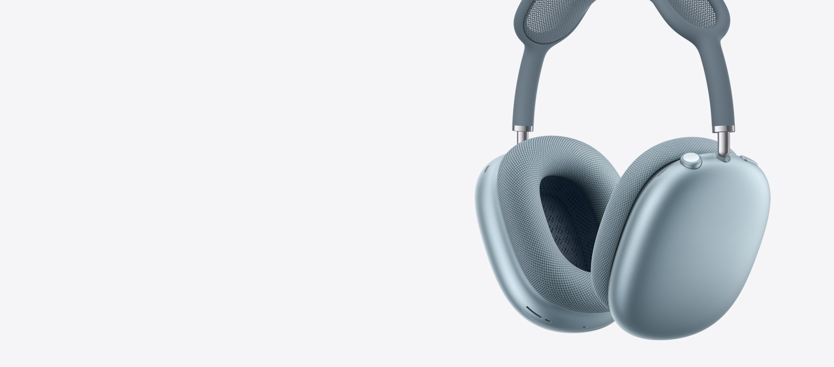 سماعات AirPods&nbsp;Max&nbsp;2، الجهة الخارجية الجانبية، لون أزرق، الجهة الداخلية والجهة الخارجية من بطانة الأذنين، التاج الرقمي