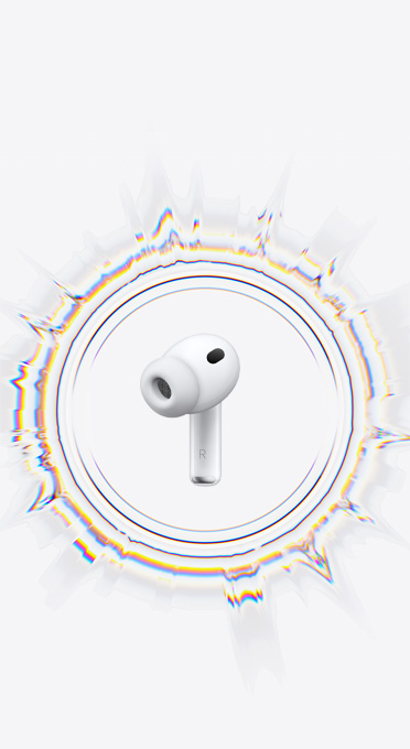 AirPods Pro 3, omgivna av en cirkulär ljudvåg