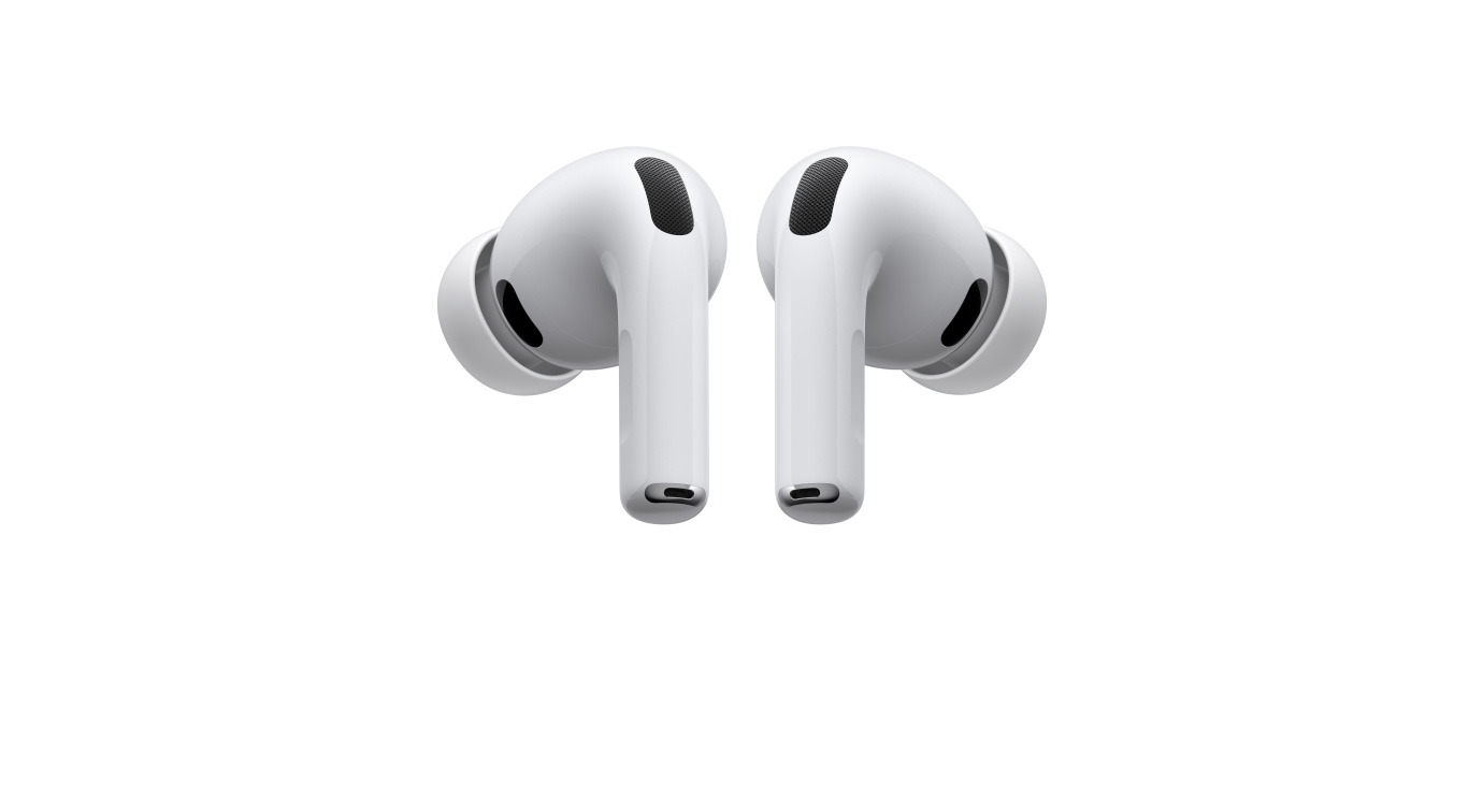 AirPods Pro 3, trådlösa hörlurar, vänster och höger öronsnäcka, vita, örontoppar i silikon