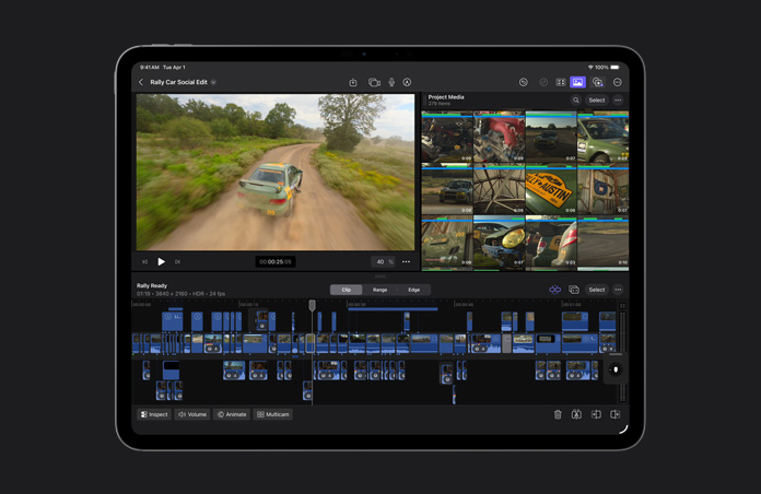 شاشة iPad Pro مقاس 13 إنش، واجهة تطبيق Final Cut Pro والشريط الزمني يعرض سيارة خضراء تسير على طريق مفتوح
