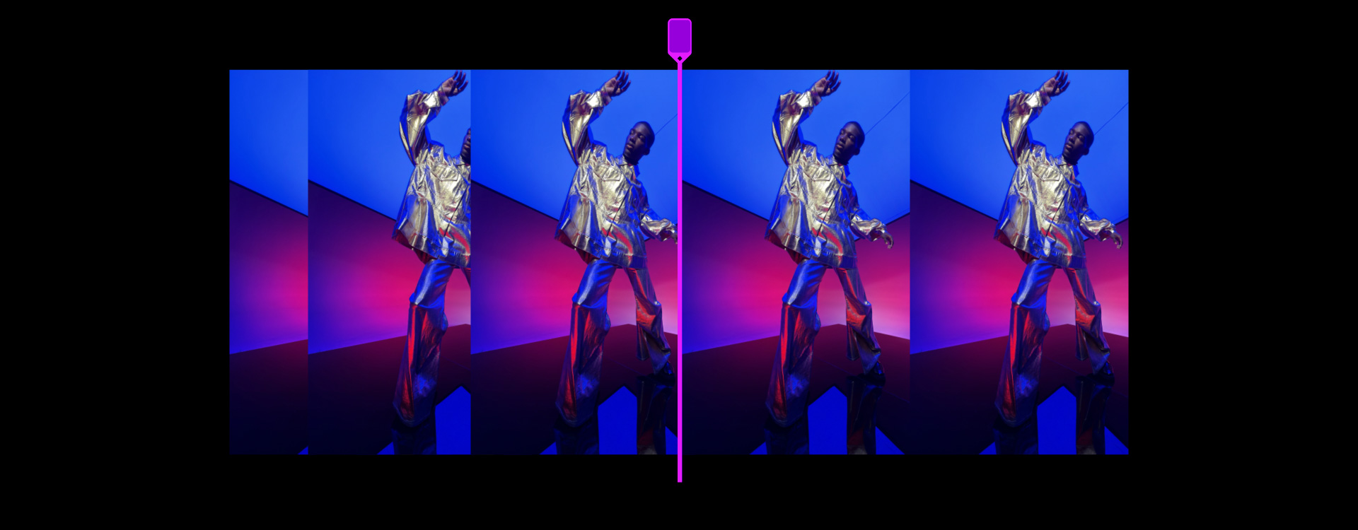 Timeline vidéo d’une personne en tenue argent devant un arrière-plan bleu et magenta, commandes de rognage Final Cut Pro