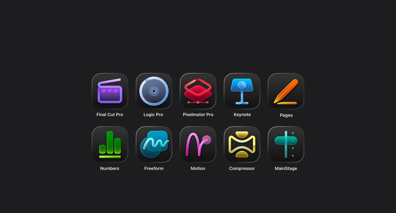 Icônes d’apps Apple Creator Studio, Final Cut Pro, Logic Pro, Pixelmator Pro, Keynote, Pages, Numbers, Freeform, Motion, Compressor, MainStage