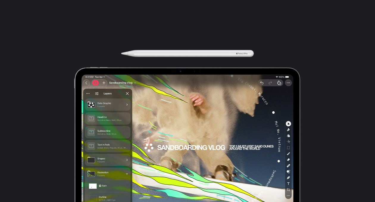 قلم Apple فوق الإطار العلوي لجهاز iPad Pro مقاس 13 إنش، شاشة تعرض مجموعة أدوات الطبقات في Pixelmator Pro، مجموعة أدوات التصميم الغرافيكي، ملف مدونة فيديو لركوب لوح الرمال