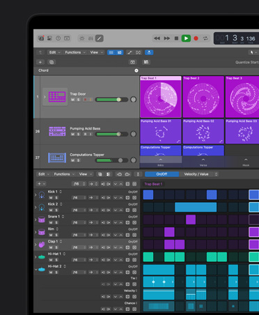 شاشة MacBook Pro مقاس 16 إنش، واجهة Logic Pro مع نافذة الأمواج الصوتية Crunchy Synth: Piano Chamber مفتوحة وآلات ومؤثرات في الخلفية
