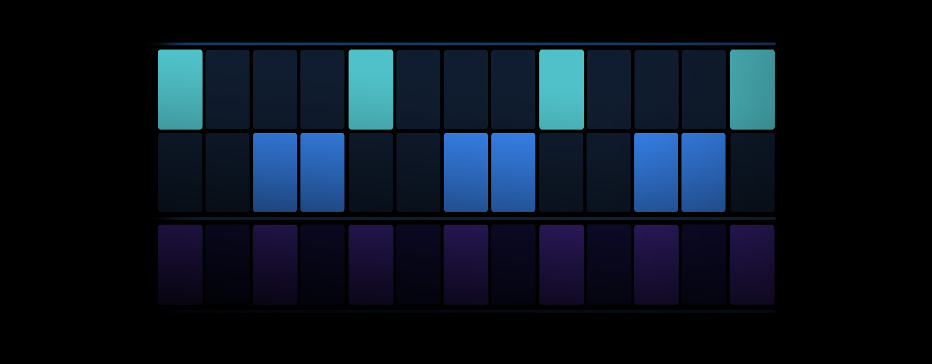 Écran Logic Pro, interface de séquençage de rythmes avec des boutons turquoise, marine et mauve