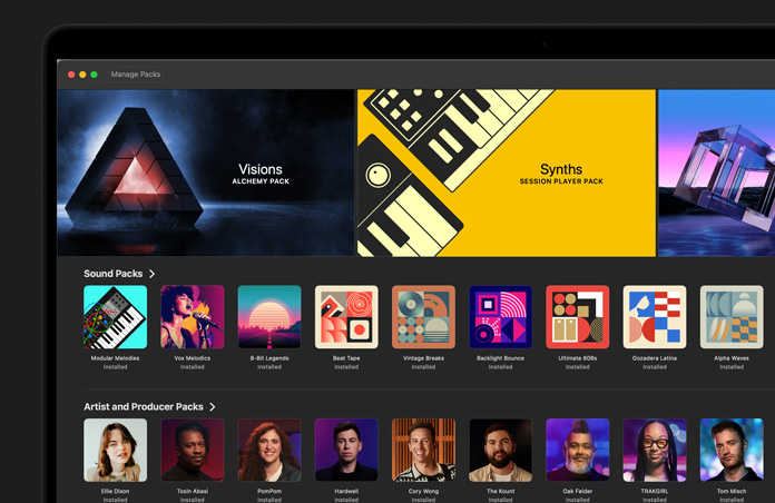 شاشة MacBook Pro مقاس 16 إنش، مكتبة الأصوات في Logic Pro، Synths Session Player Pack، Visions Alchemy Pack، Dancefloor Rush Drum وBass Pack، صف يستعرض مجموعة Sound Packs، صف يظهر مجموعة Artist and Producer Packs، صف يعرض مجموعة Instrument Packs