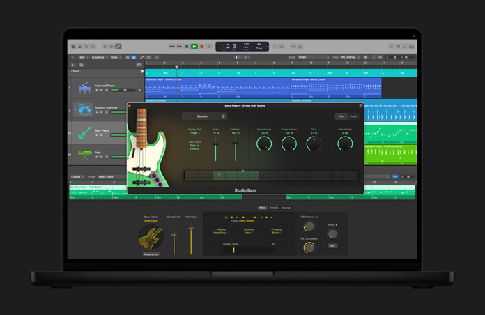 شاشة MacBook Pro مقاس 16 إنش، واجهة Logic Pro تعرض أداة Session Players المدعومة بالذكاء الاصطناعي ونافذة مفتوحة باسم Bass Player: Sixties Half Muted مع مستويات صوت مختلفة