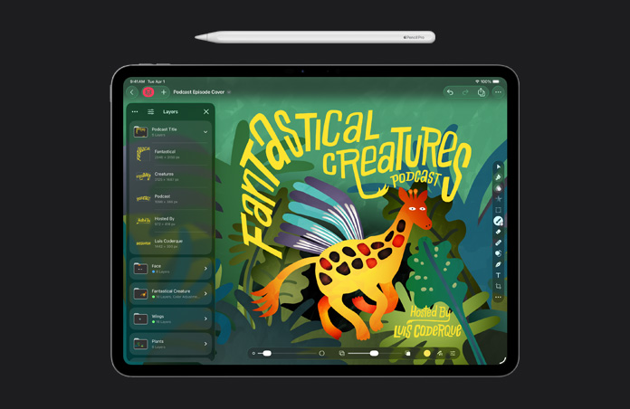 قلم Apple، شاشة iPad Pro مقاس 13 إنش، Pixelmator Pro، رسم توضيحي لغلاف حلقة بودكاست، مجموعة أدوات التراكب