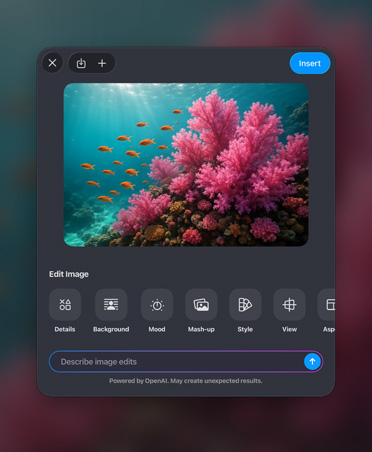 نافذة لطلب إنشاء صور، صورة لمرجان ملون، أدوات تعديل الصور، زر الإدراج، شريط وصف تعديلات الصورة في الأسفل