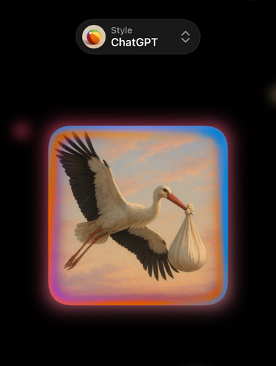 Image Playground-skärm med en fotorealistisk bild av en stork med ett knyte i näbben, skärmen visar olika alternativ för anpassade bildstilar från ChatGPT