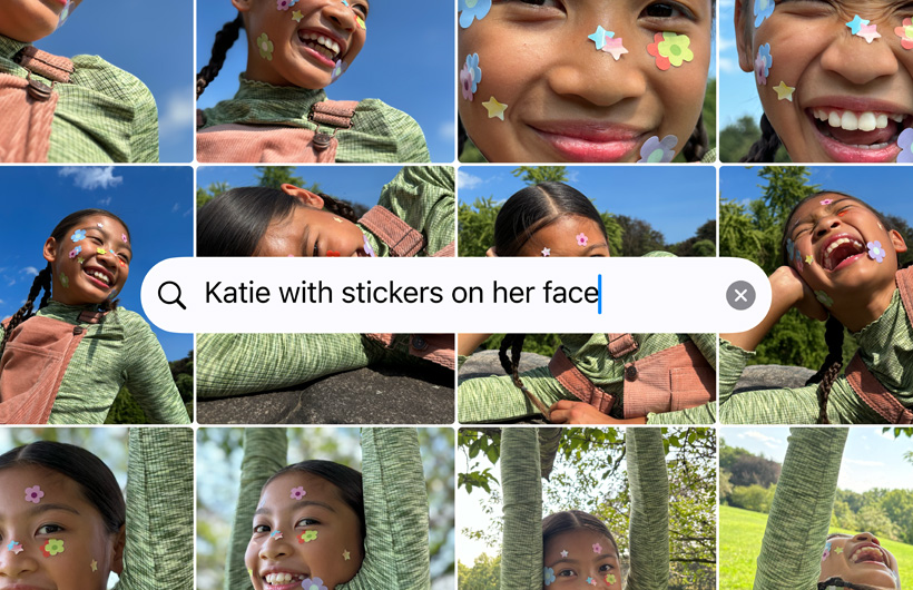 Ett rutnät med bilder utifrån sökprompten Katie med klistermärken i ansiktet