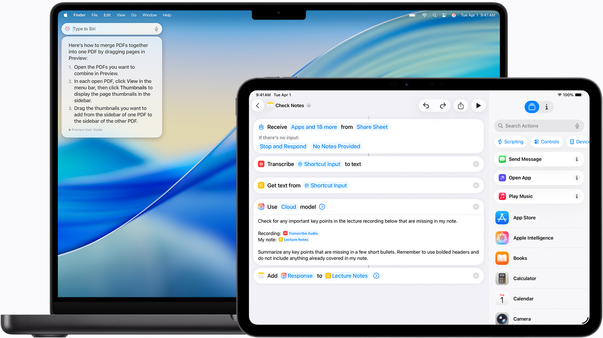 Mac som visar Skriv till Siri, iPad som visar en genväg som skapats med Apple Intelligence.