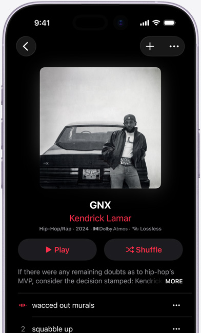 iPhone 螢幕顯示 Apple Music 中 Kendrick Lamar 的專輯《GNX》