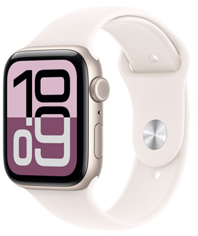 Apple Watch SE 3, boîtier en aluminium, lumière stellaire, cadran Fluctuation, côté droit, Digital Crown, micro, bouton latéral, Bracelet Sport lumière stellaire, système de fermeture argent à clou et passant