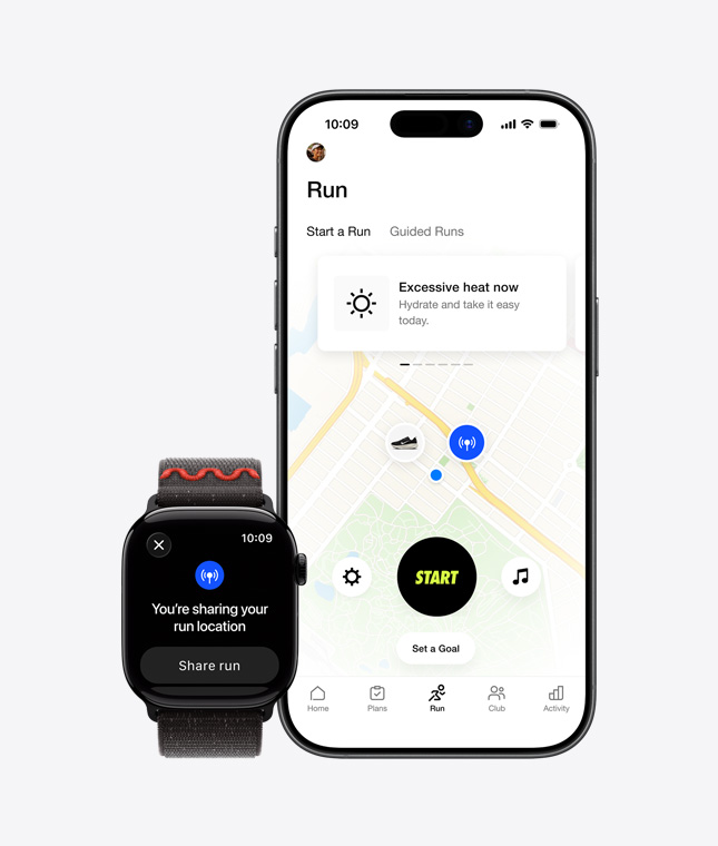 Apple Watch Series 11, platsdelning på skärmen, iPhone 17, Nike Run Club-appen kartlägger löprundor utomhus