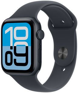 Apple Watch SE 3, boîtier en aluminium, minuit, cadran Fluctuation, côté droit, Digital Crown, micro, bouton latéral, Bracelet Sport minuit, système de fermeture argent à clou et passant