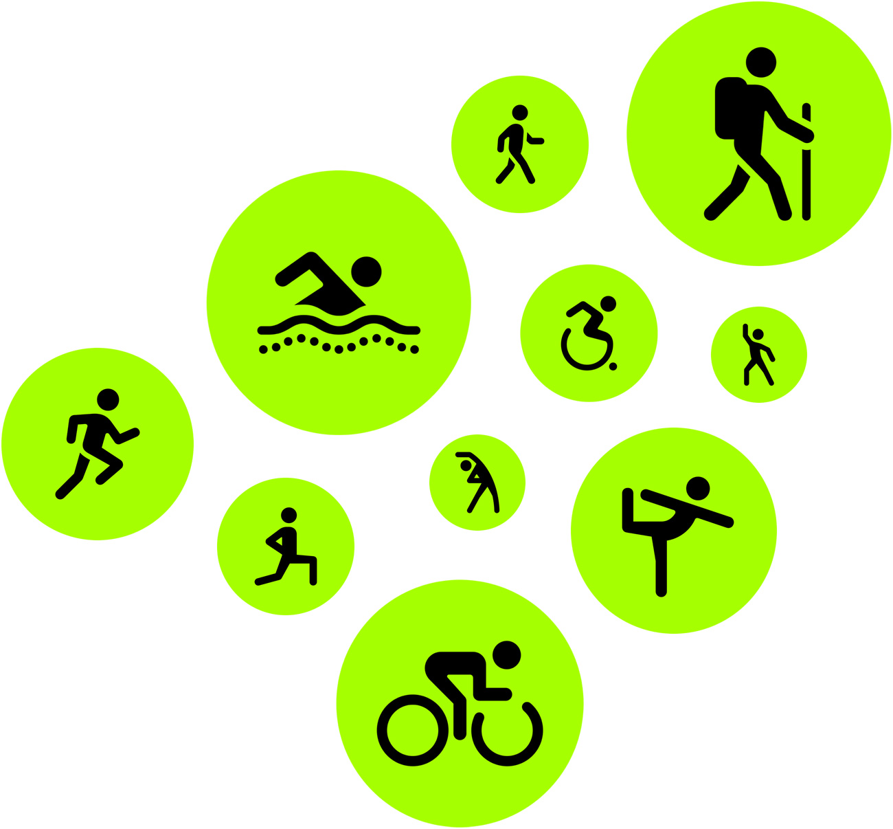 Icônes Exercice : course, marche, natation, randonnée, vélo, danse, étirement, yoga