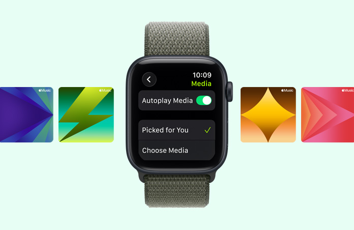 Apple Watch SE 3, aluminiumboett i färgen midnatt, förslag på träningsspellistor i Apple Music, sportloop i färgen skogsgrön