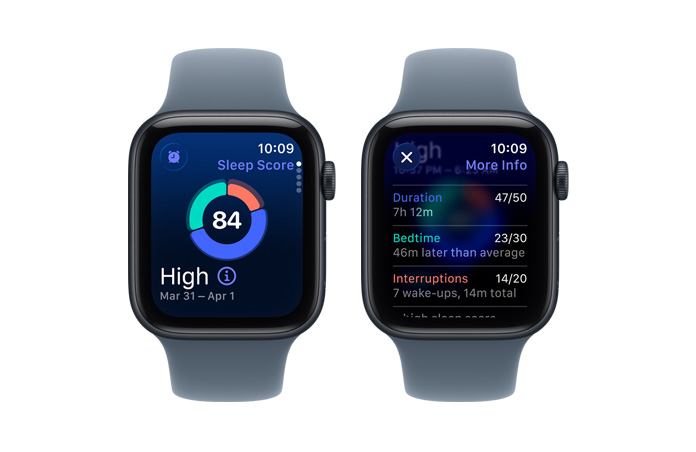 Apple Watch SE 3, sömnpoäng, cirkeldiagram med poängsiffra, sömnfasanalys av faserna vakenhet, REM-sömn, bassömn och djupsömn