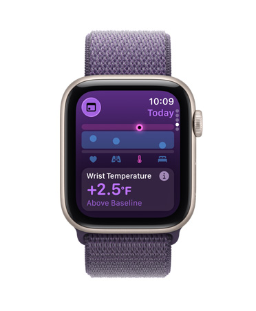 Apple Watch SE 3, aluminiumboett i färgen stjärnglans, appen Vitalparametrar, diagram över hälsopoäng, vitalparametrar över natten med avvikelser, höger utsida, Digital Crown, sportloop i färgen purpurdimma