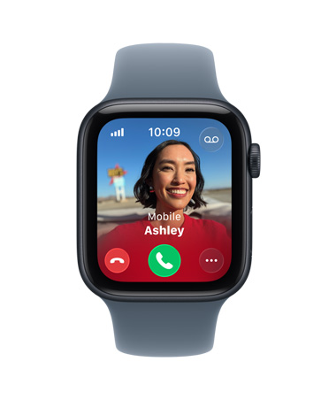 Apple Watch SE 3, aluminiumboett i färgen midnatt, inkommande samtal, kontaktbild, knappar för att svara på eller avvisa samtalet, höger utsida, Digital Crown, sportband i färgen purpurdimma