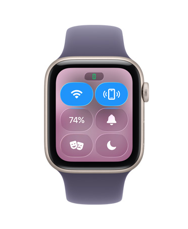 Apple Watch SE 3, aluminiumboett i färgen stjärnglans, Kontrollcenter, ikonen för Pinga iPhone, höger utsida, Digital Crown, sportband i färgen purpurdimma