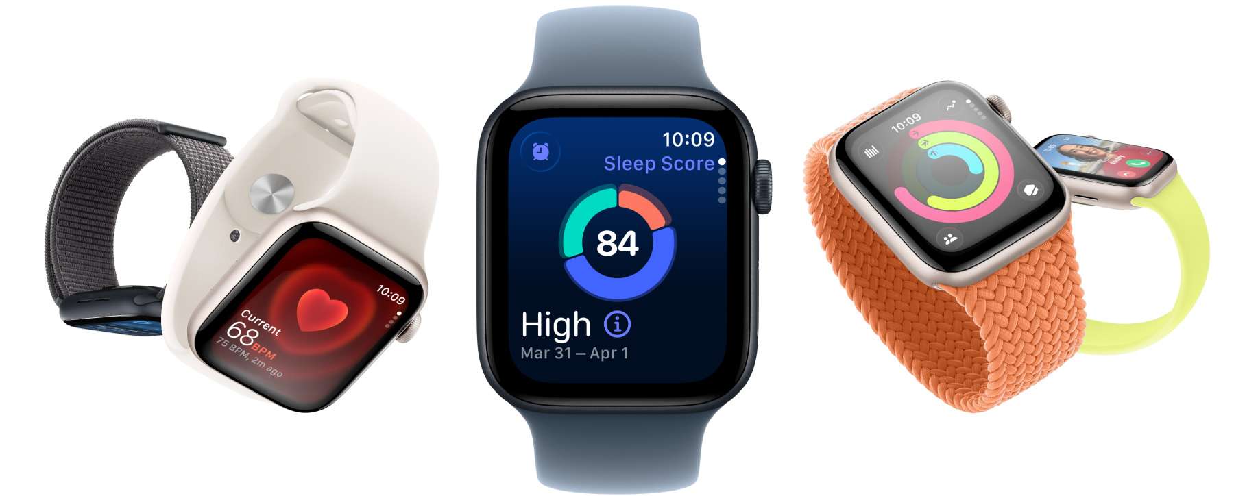 Apple Watch SE 3-enheter, aluminiumboetter i färgerna stjärnglans och midnatt, på skärmarna: appen Vitalparametrar, appen Puls, Sömnpoäng, aktivitetsringar, inkommande samtal