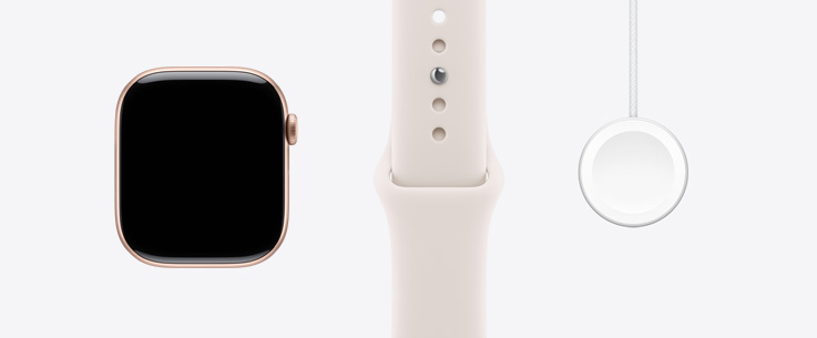 Apple Watch Series 11, aluminiumboett i färgen roséguld, sedd framifrån, skärm från kant till kant, sportband i färgen rosé, Apple Watch magnetisk laddningskabel med usb-c-kontakt