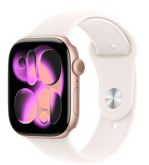 Apple Watch Series 11, aluminiumboett i roséguld, urtavlan Responsive Art, höger utsida, Digital Crown, mikrofon, sidoknapp, sportband i rosé